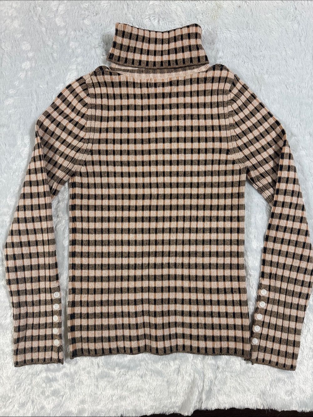 Maeve Beige & Black Check Ribbed Turtleneck Sweater - Picture 6 of 7